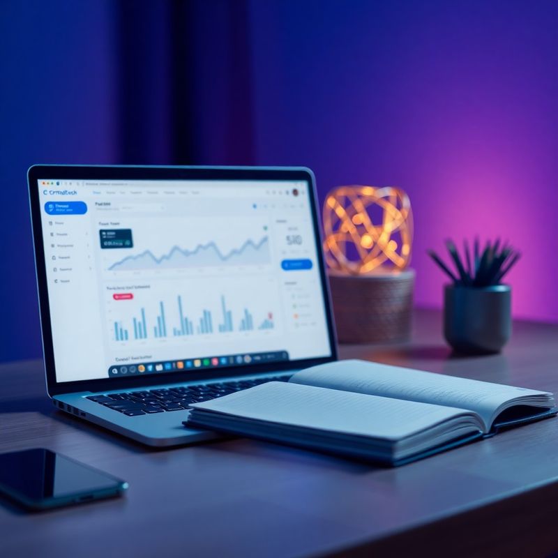 Minimalistické pracovní místo s notebookem a trading dashboardem