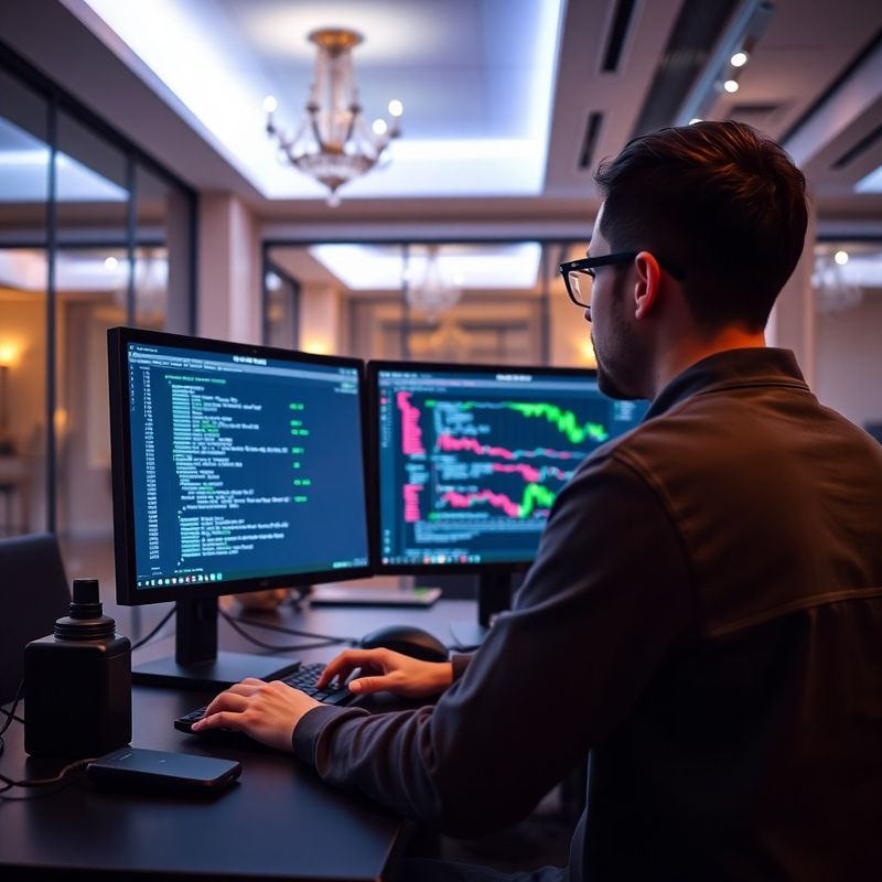Vývojář kontroluje kód obchodního bota v Pythonu na dvou monitorech