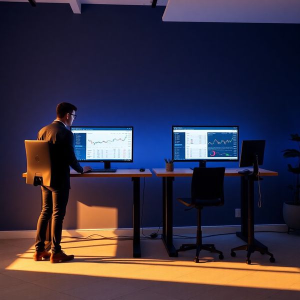 Dva čeští softwaroví inženýři u stojacích stolů s monitory zobrazujícími trading dashboardy
